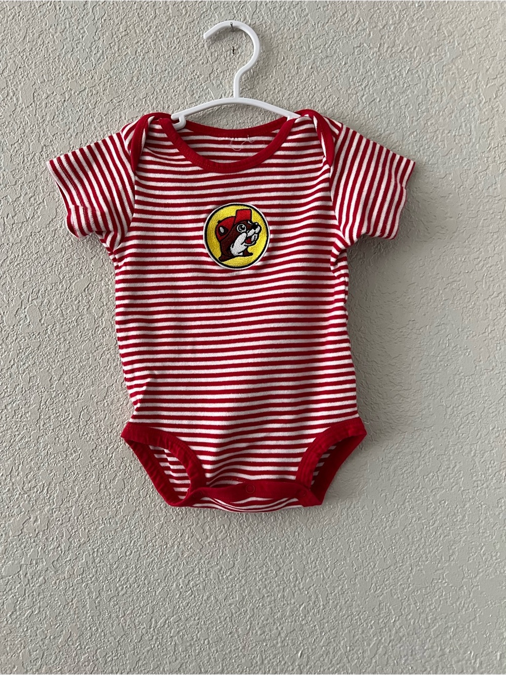 Striped Red and White Baby One-Piece Bodysuit with Logo Patch Buccees